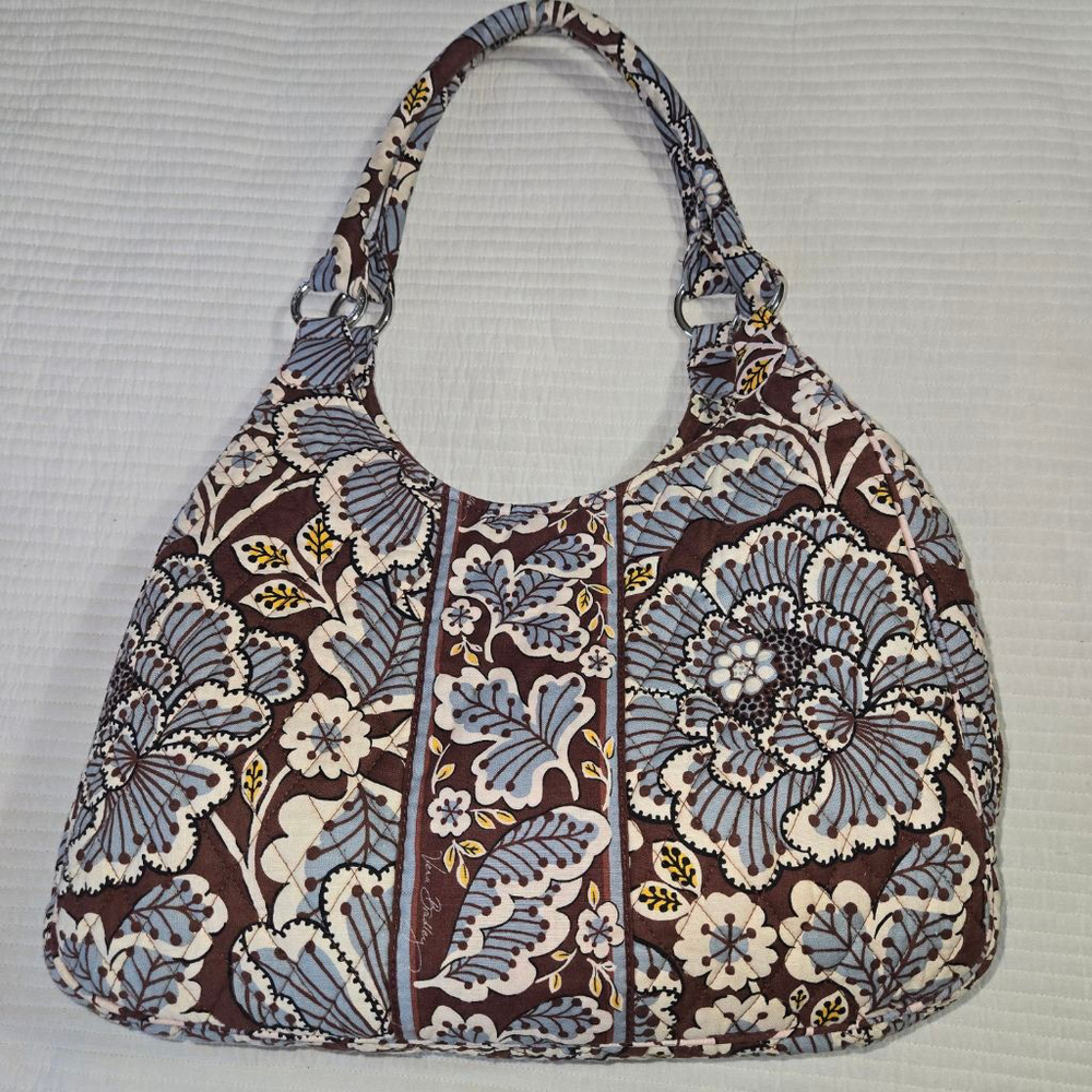 Women's Vera Bradley Slate Blooms Brown Blue Floral Quilted Hobo Bag